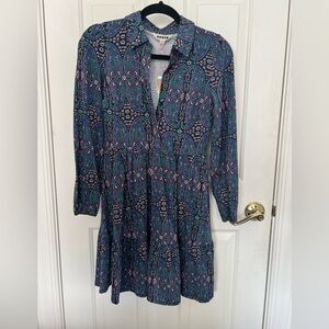 Boden Blue and Green Paisley Long Sleeve Tiered Dress